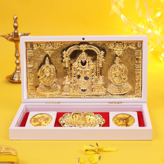 3D Charan Paduka with Tirupati Balaji Frame Gold Plated Temple Gift Box with inside Coin Set