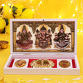 Marvel 3D Lakshmi Ganesh Saraswati Charan Paduka Frame Gold Plated Paduka with Coins