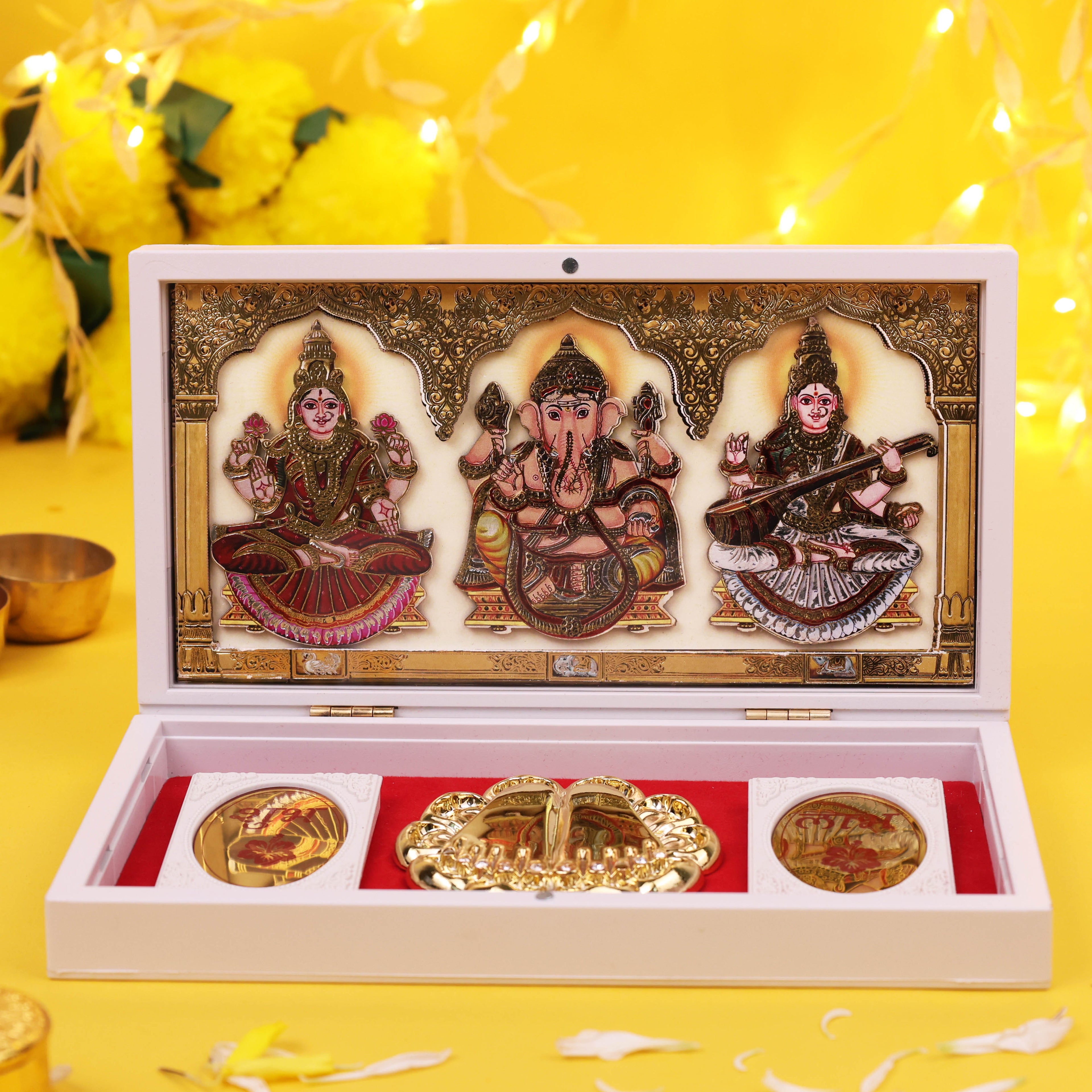 Marvel 3D Lakshmi Ganesh Saraswati Charan Paduka Frame Gold Plated Paduka with Coins
