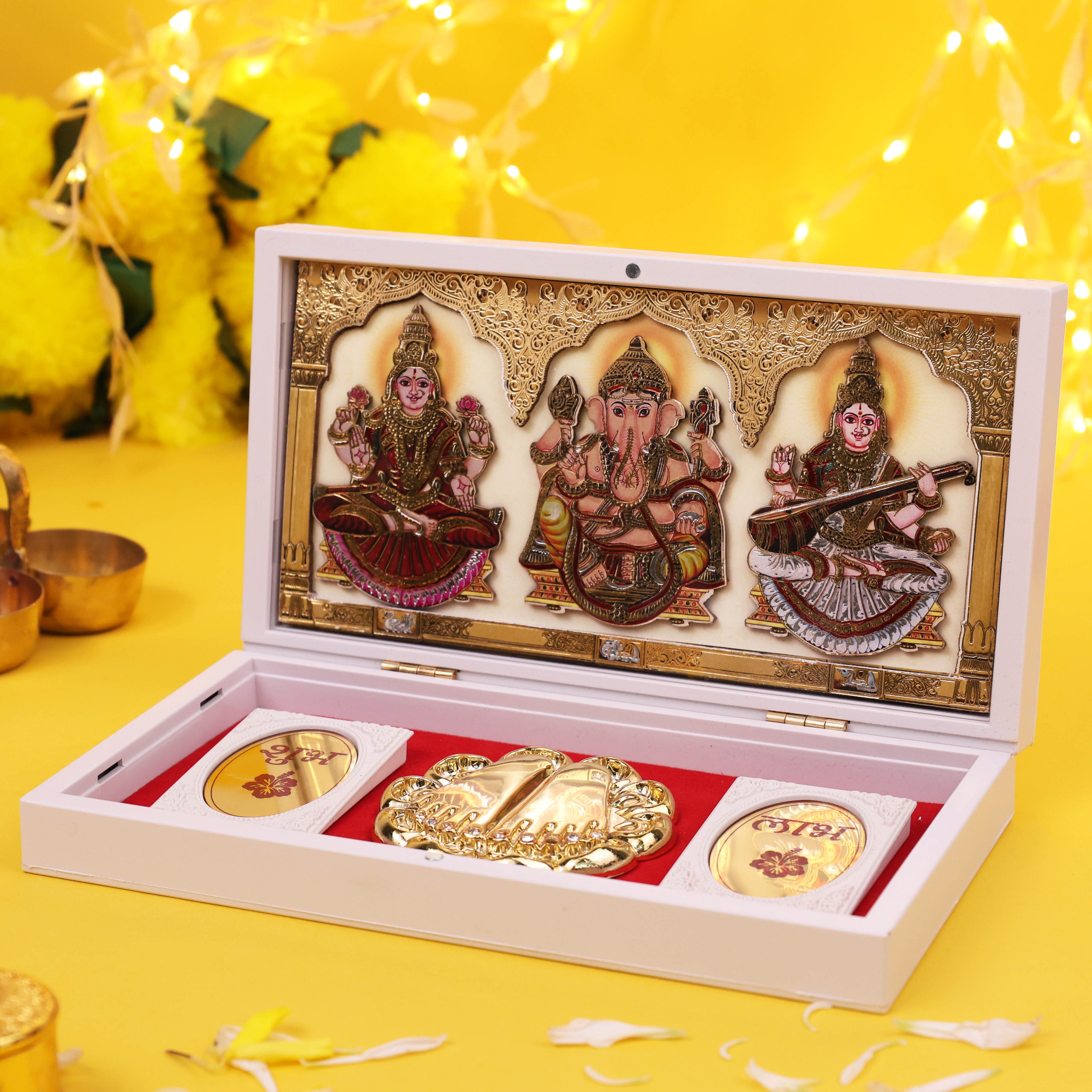 Marvel 3D Lakshmi Ganesh Saraswati Charan Paduka Frame Gold Plated Paduka with Coins