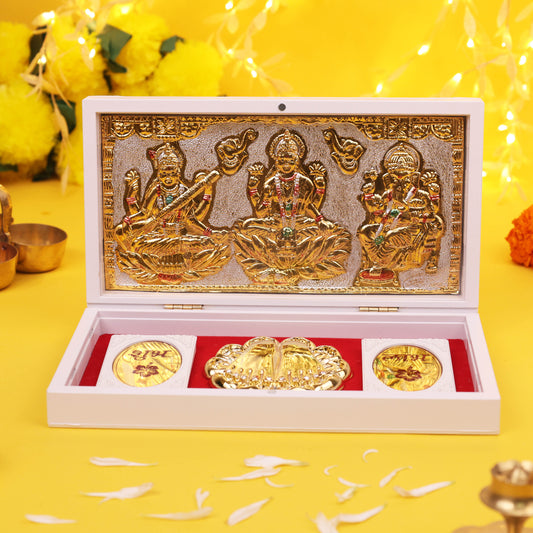 Laxmi Ganesh Saraswati 3D Charan Paduka Frame Gold Plated Gift Box for Home Temple, Pooja Room
