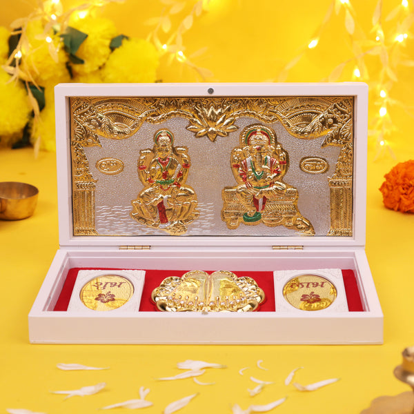 Charan Paduka with Lakshmi Ganesh Frame Gold Plated Gift Box with Gold Coin Set | Religious Gift for Diwali, Housewarming, Temple & Office Décor