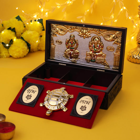 Ganesh Lakshmi Tortoise (Kachua) Charan Paduka with Premium Wooden Box | Vastu & Spiritual Gift