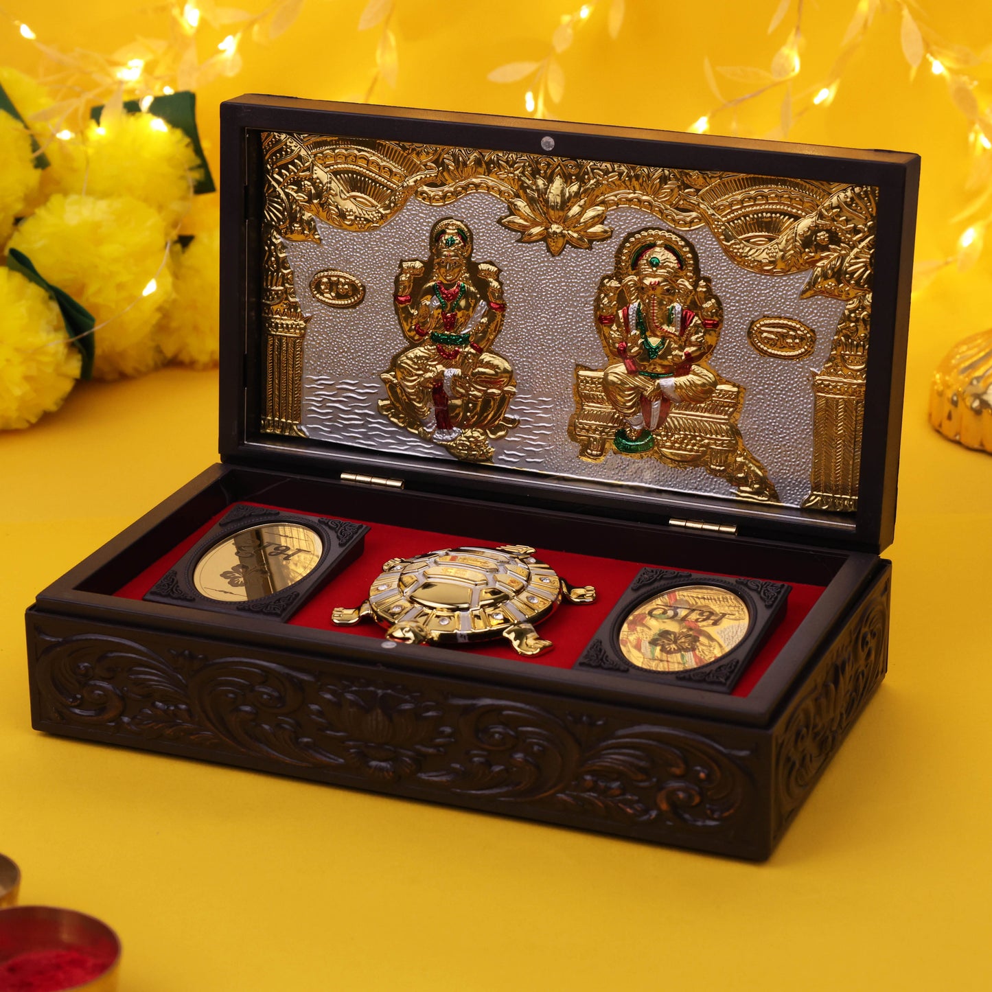 Ganesh Lakshmi Tortoise (Kachua) Charan Paduka with Premium Wooden Box | Vastu & Spiritual Gift