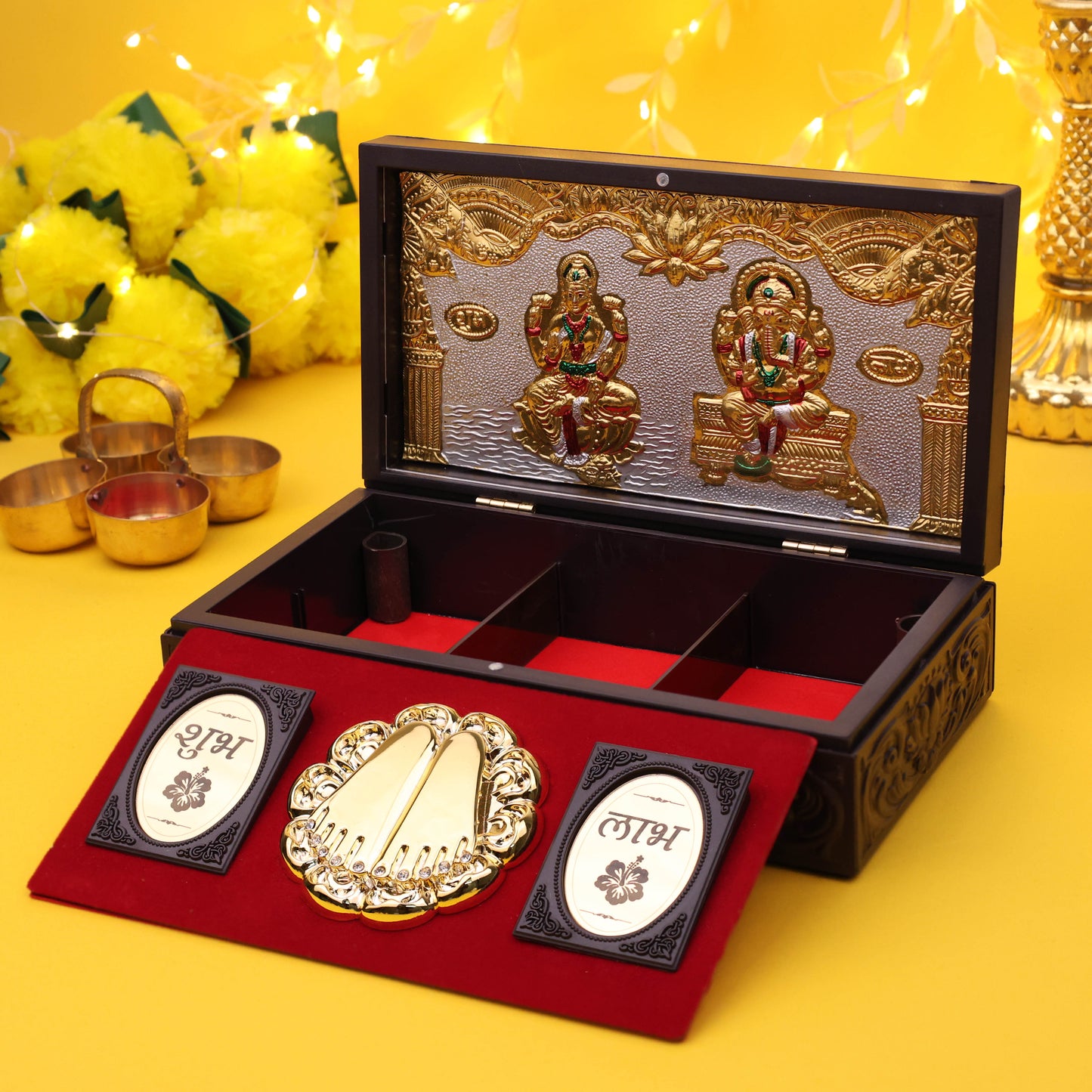 Ganesh Lakshmi Charan Paduka with Premium Wooden Pooja Box | Vastu & Spiritual Gift