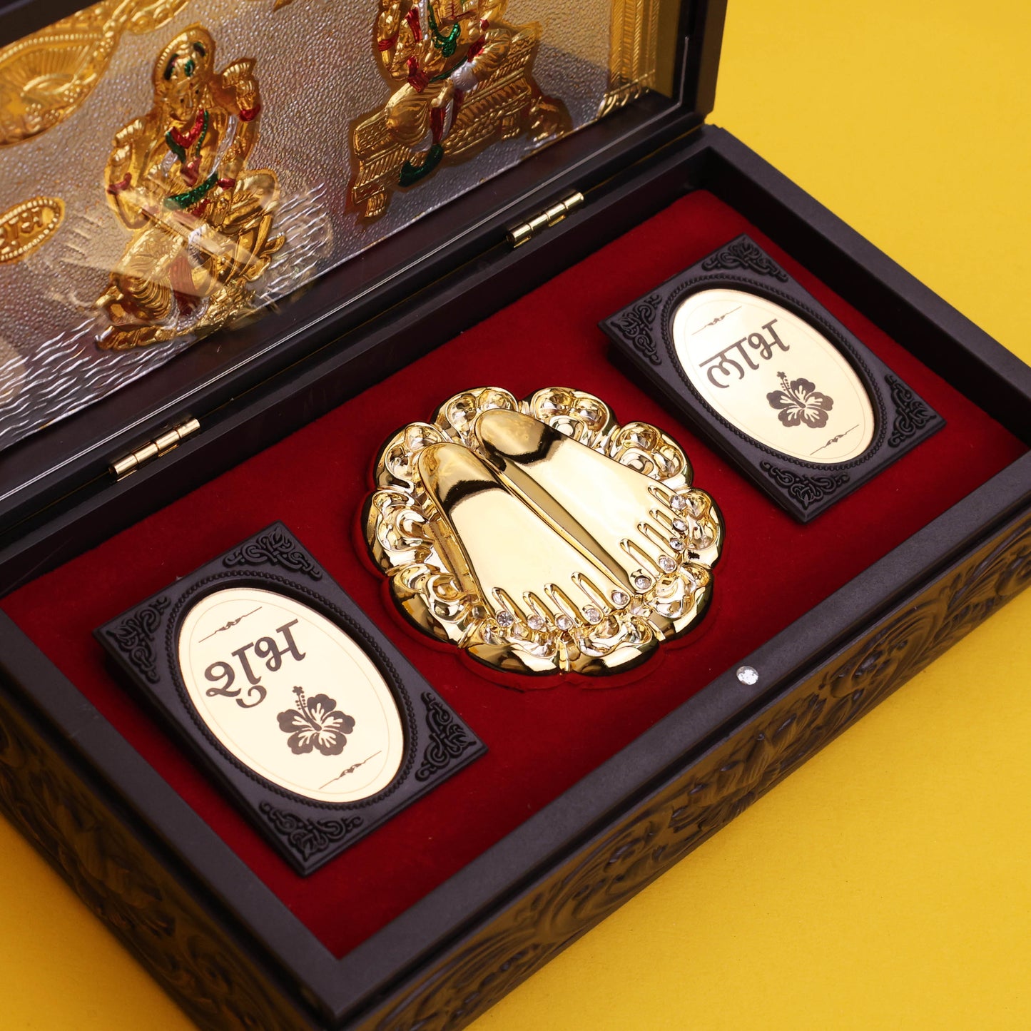 Ganesh Lakshmi Charan Paduka with Premium Wooden Pooja Box | Vastu & Spiritual Gift