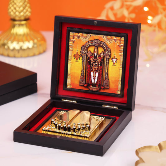 Lord Venkateswara (Tirupati Balaji) Charan Paduka with Premium Wooden Box | Vastu & Spiritual Gift