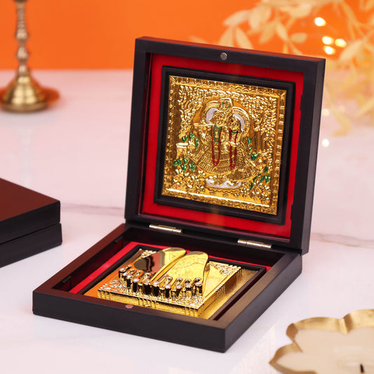 Radha Krishna Charan Paduka with Premium Wooden Box | Gold Finish Divine Footprint | Pooja Ghar Mandir Decor | Spiritual Gift Item
