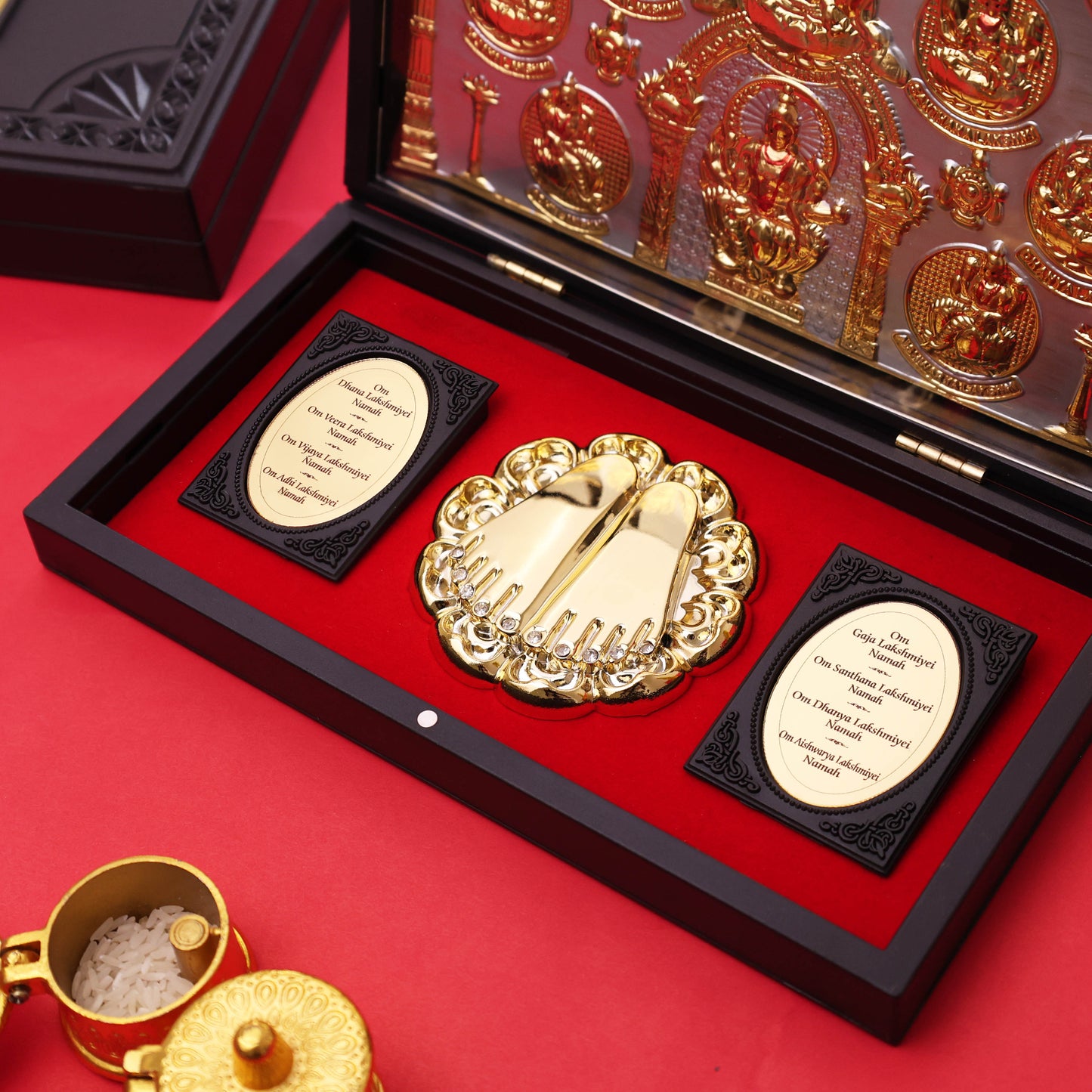 Ashta Lakshmi Charan Paduka with Wooden Box | Gold Finish Divine Footprints | Eight Forms of Goddess Lakshmi | Wealth Prosperity Mandir Decor Gift