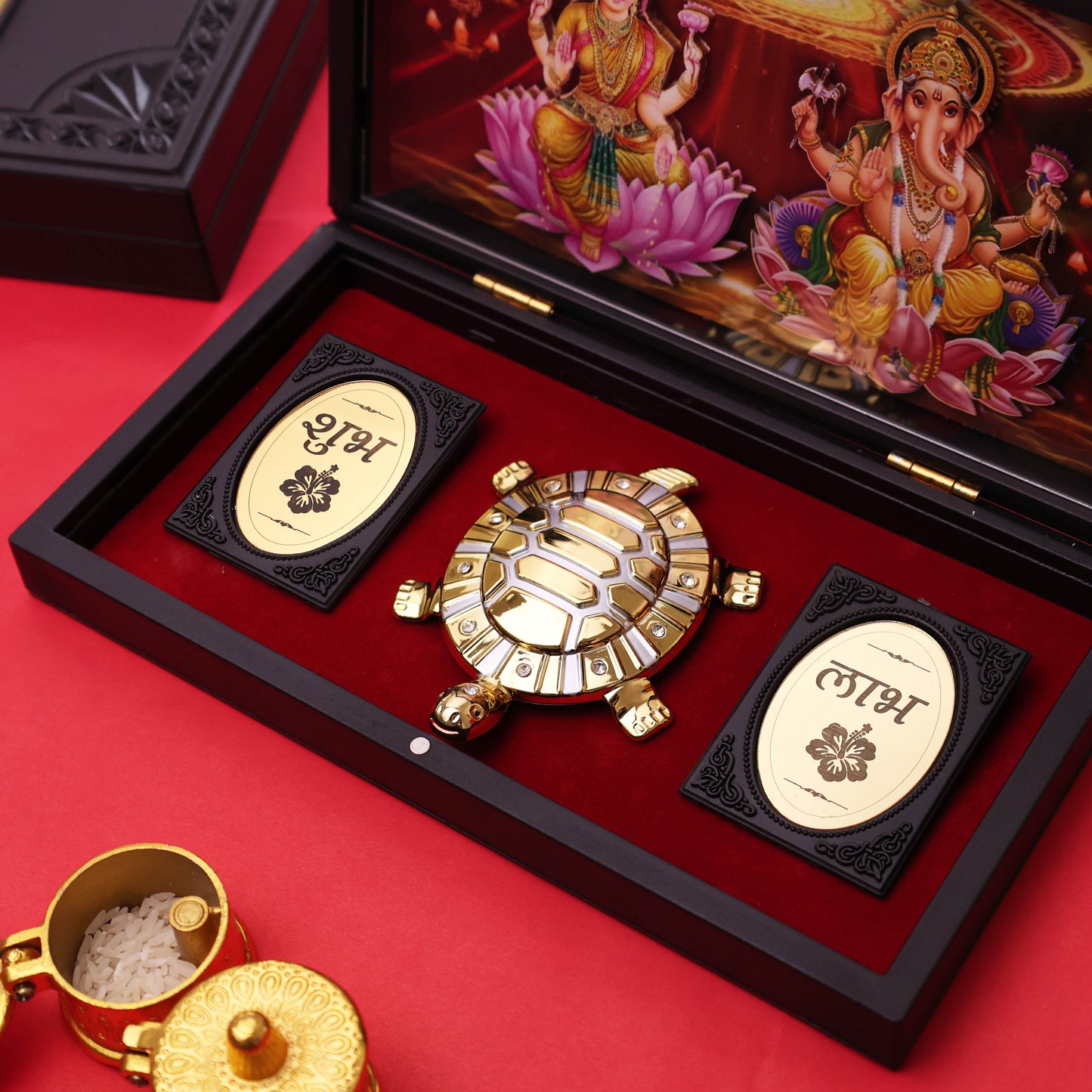 Lakshmi Ganesh Vastu Tortoise with Wooden Box | Gold Finish Spiritual Feng Shui Tortoise | Wealth Prosperity Mandir Decor | Auspicious Religious Gift