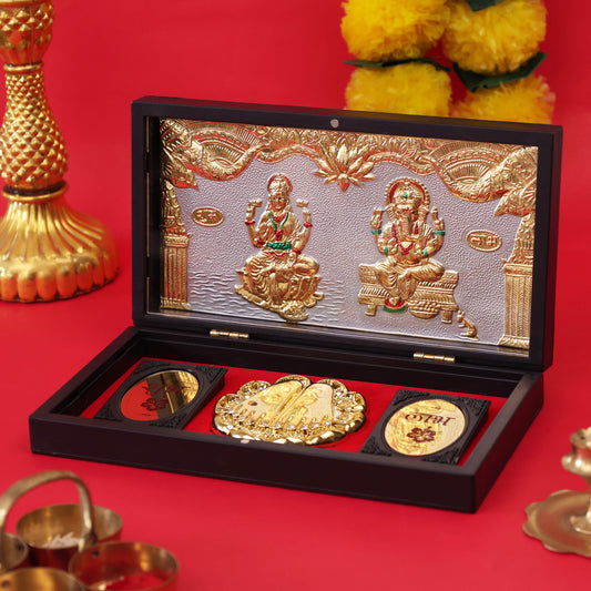Lakshmi Ganesh Charan Paduka with Wooden Box | Auspicious Puja Paduka for Wealth, Success & Prosperity