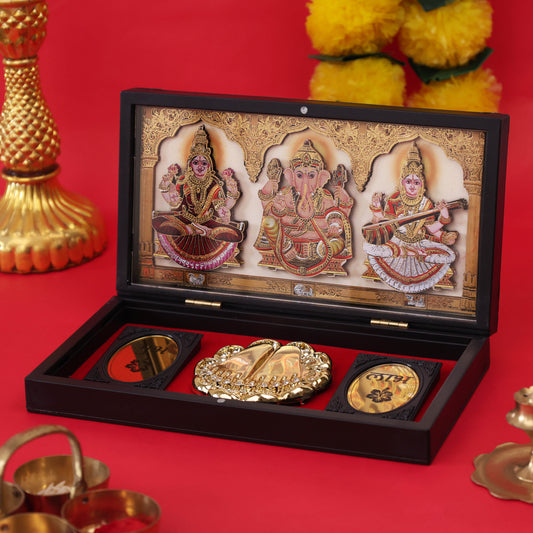 Lakshmi Ganesh Saraswati Charan Paduka with Wooden Box | Divine Puja Paduka for Wealth, Wisdom & Prosperity