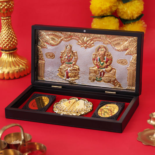 Lakshmi Ganesh Charan Paduka with Premium Wooden Box | Auspicious Puja Paduka for Wealth, Success & Positivity