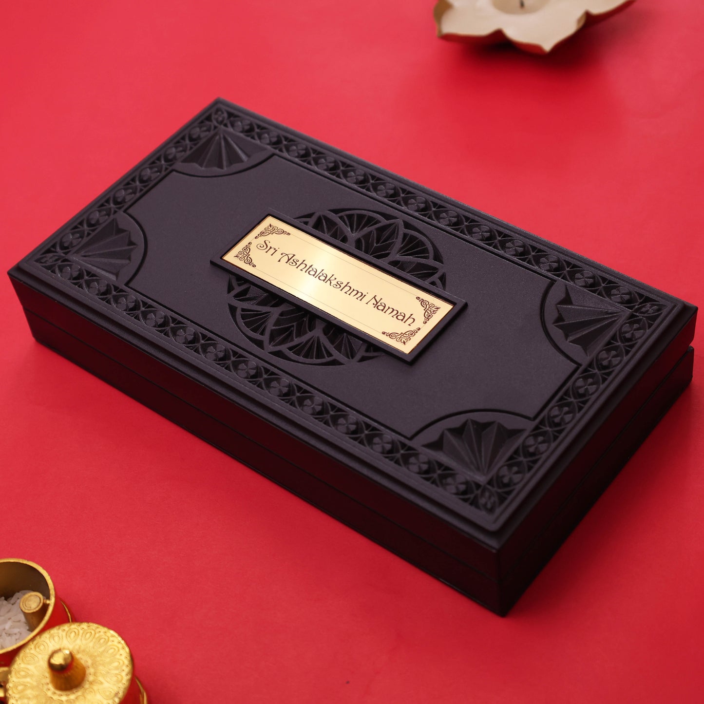 Ashta Lakshmi Charan Paduka with Wooden Box | Gold Finish Divine Footprints | Eight Forms of Goddess Lakshmi | Wealth Prosperity Mandir Decor Gift