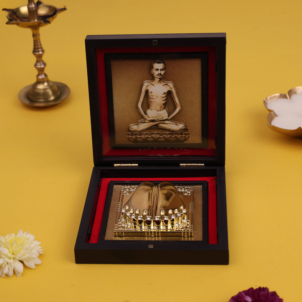 Premium Shrimad Rajchandra Mission Gold-Plated Charan Paduka in Velvet Lined Box