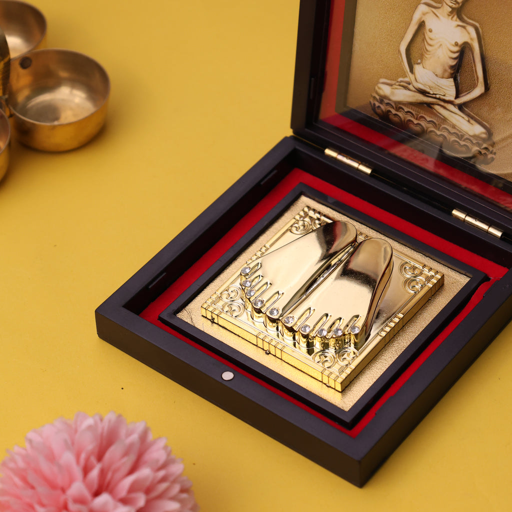 Premium Shrimad Rajchandra Mission Gold-Plated Charan Paduka in Velvet Lined Box