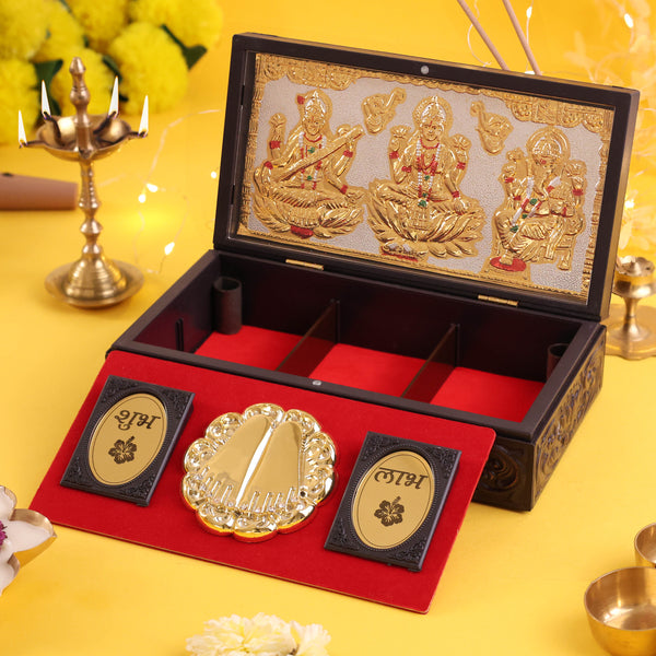 Divine Tridevi 3D Laxmi Ganesh Saraswati Gift Box – Premium Shubh Labh Charan Paduka & Corporate Keepsake