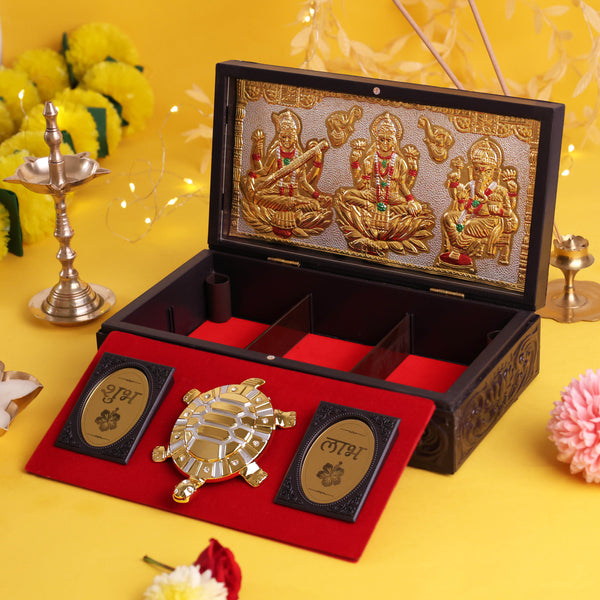 Divine Vastu Tortoise Laxmi Ganesh Saraswati Premium Box – Gold-Plated Kurma Avatar with Shubh-Labh Blessings