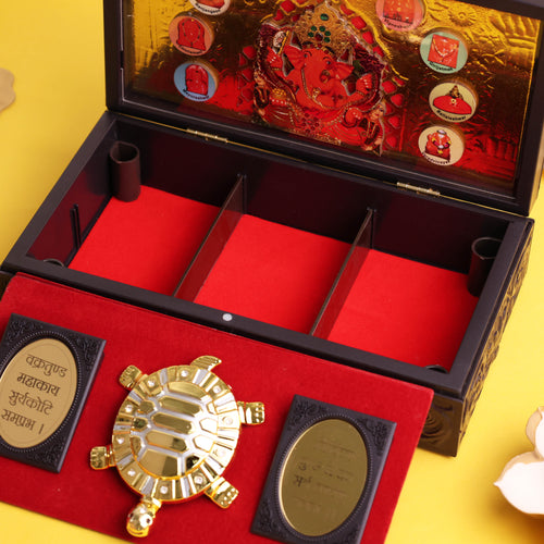 3D  Dagdu Ganesh ji Tortoise Gift Box – Gold-Plated Vastu Kurma with Ganesha Mantra & Success Charms