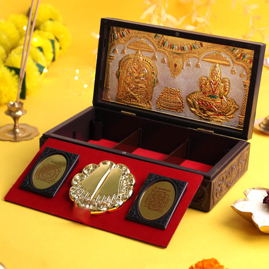 Kuber Laxmi Premium Corporate Gift Box – 24K Gold-Tone 3D Yantra & Stone-Studded Charan Paduka Set