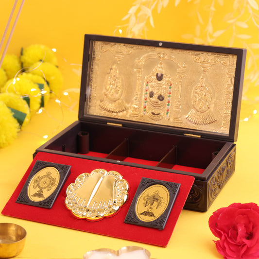 Tirupati Balaji 3D Gold-Plated Charan Paduka Box – Premium Corporate Venkateswara Blessing & Prosperity Frame
