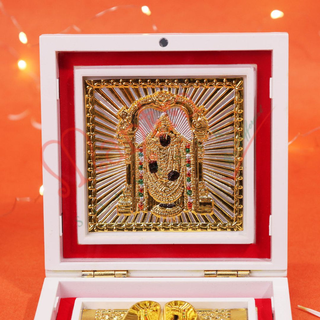 Marvel Yantram Elegant White Gold Plated Balaji Charan Paduka Box – Divine Lord Venkateswara Swamy Footprints for Vastu & Gifting