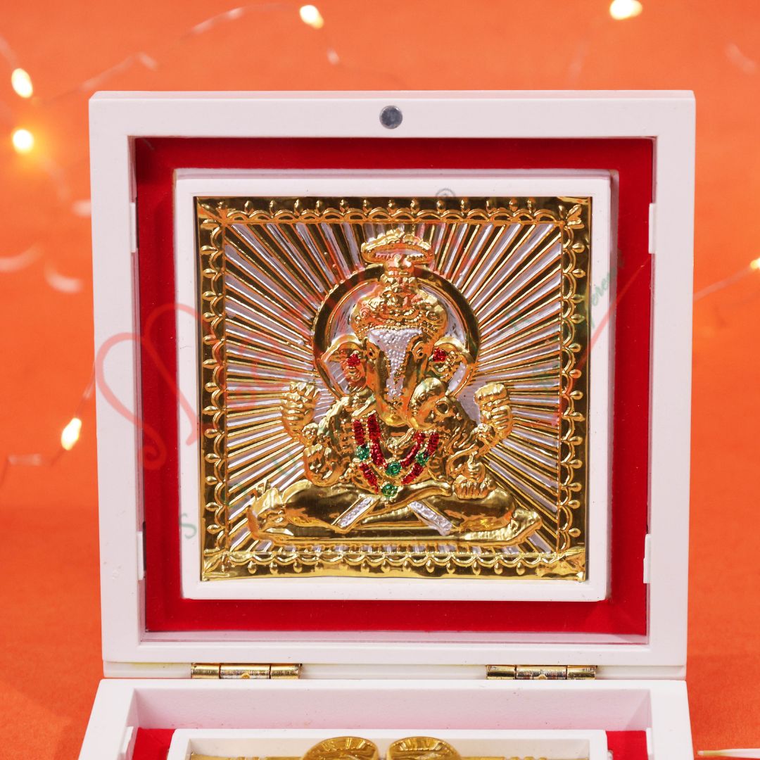 Marvel Edition Gold Plated Lord Ganesha Charan Paduka in Premium White ABS Polymer Box – Divine Obstacle Remover for Home Mandir & Car Dashboard
