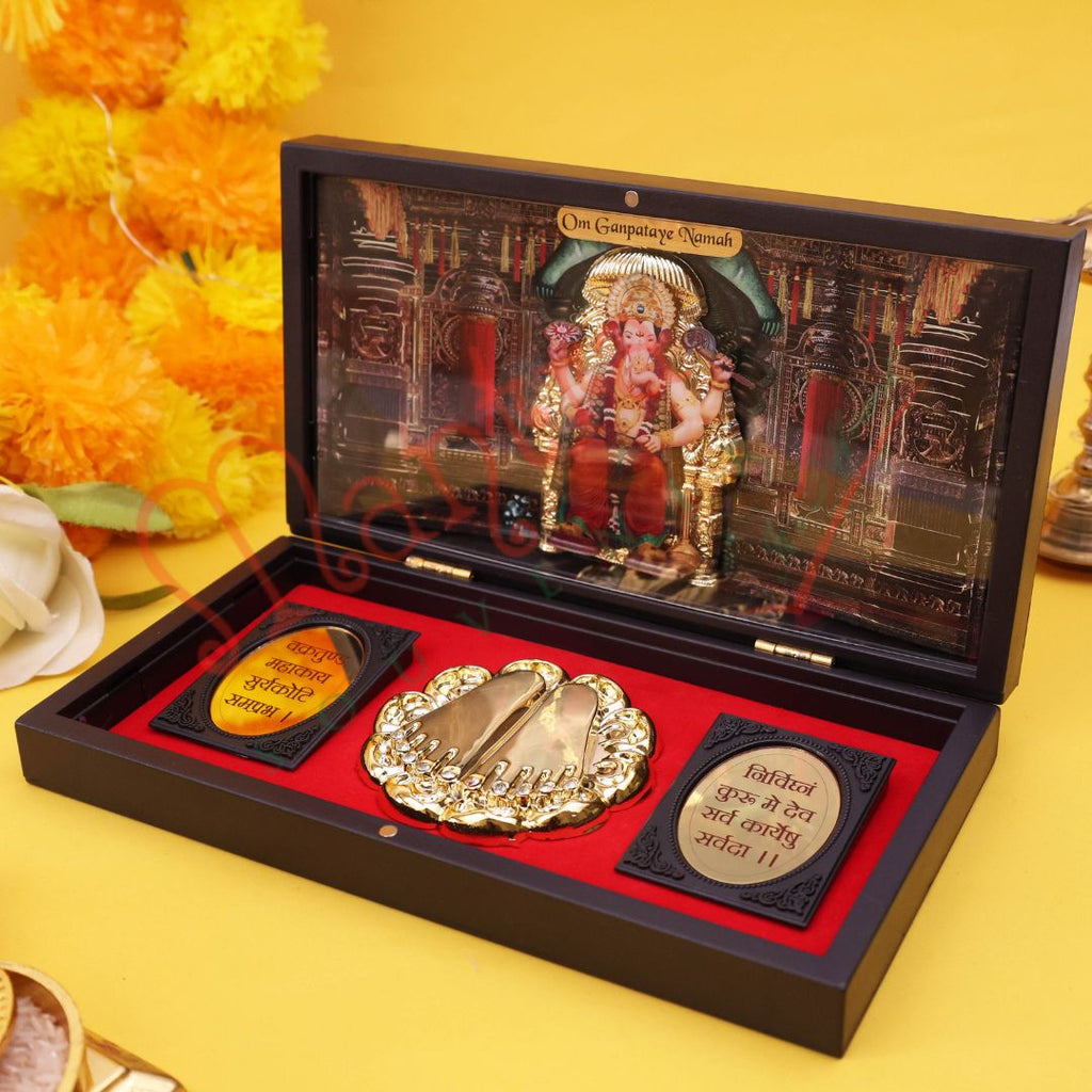 Deluxe 3D Lalbaugcha Raja Ganesha Charan Paduka Box – Premium ABS Polymer Spiritual Frame for Home Mandir, Office Desk & Festive Gifting
