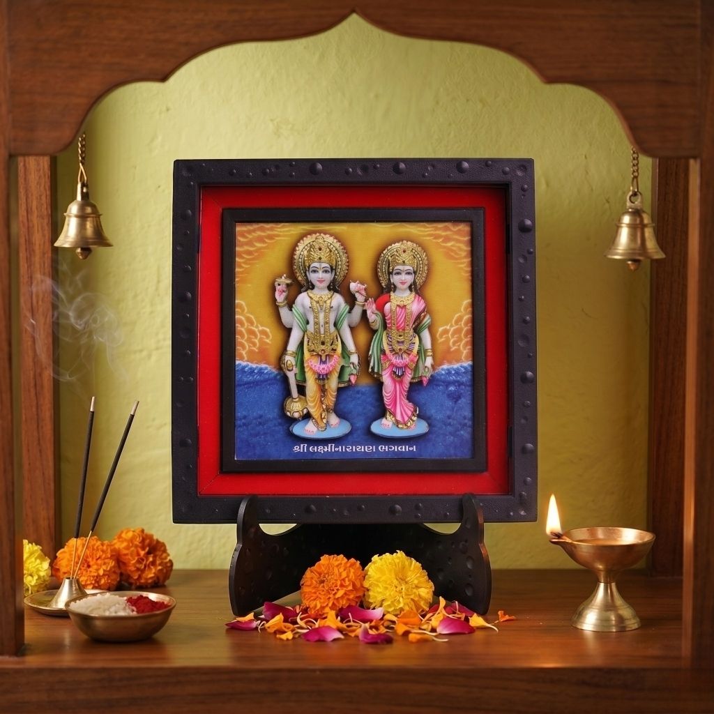 3D Laxmi Narayan Photo Frame for Home Decor | ABS Polymer Decorative Deity Frame with Stand | Lakshmi Narayan Religious Photo Frame for Pooja Room Mandir Decoration | Hindu Spiritual Gift Item
