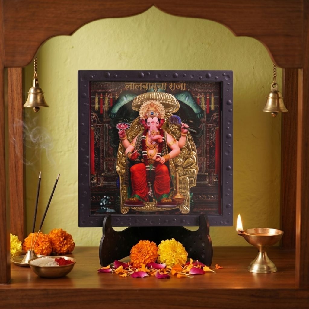 3D Lalbaugcha Raja Photo Frame for Home Decor | ABS Polymer Decorative Ganpati Frame with Stand | Lalbaug Raja Ganesh Ji Religious Photo Frame for Pooja Room Mandir Decoration | Spiritual Gift Item